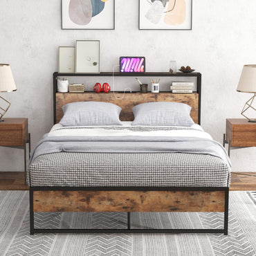 Goflame Full Bed Frame with Storage Headboard and Charging Station, with Outlets and USB Ports