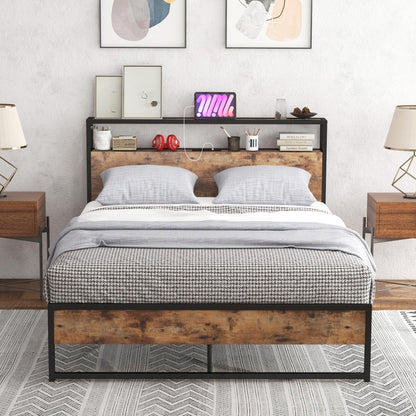 Goflame Full Bed Frame with Storage Headboard and Charging Station, with Outlets and USB Ports