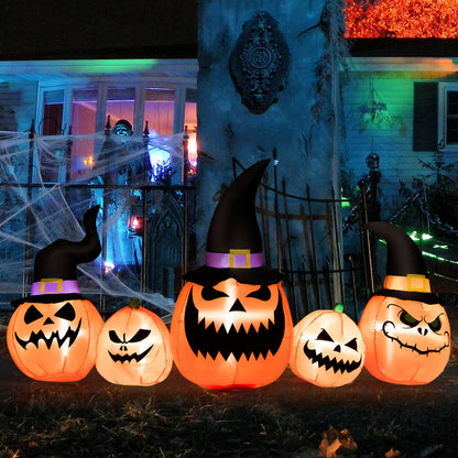 8 FT Long Halloween Inflatable Pumpkin Patch Family, 5 PCS Halloween Blow up Pumpkins with Built-in LED Lights & Blower