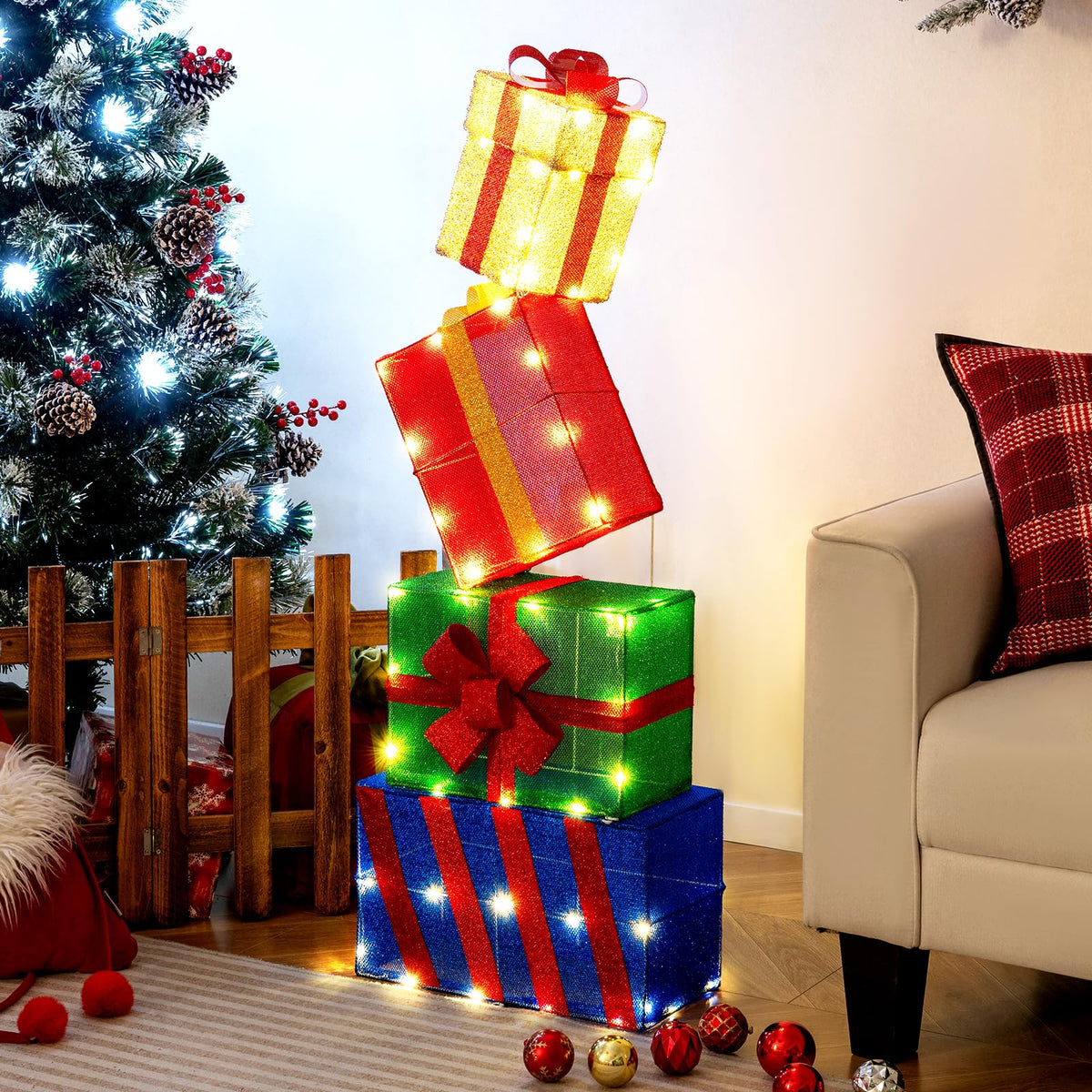 Goflame Christmas Lighted Gift Boxes Set of 4 | Light Up Present Boxes with Colorful Bows
