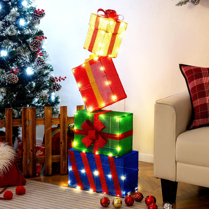 Goflame Christmas Lighted Gift Boxes Set of 4 | Light Up Present Boxes with Colorful Bows