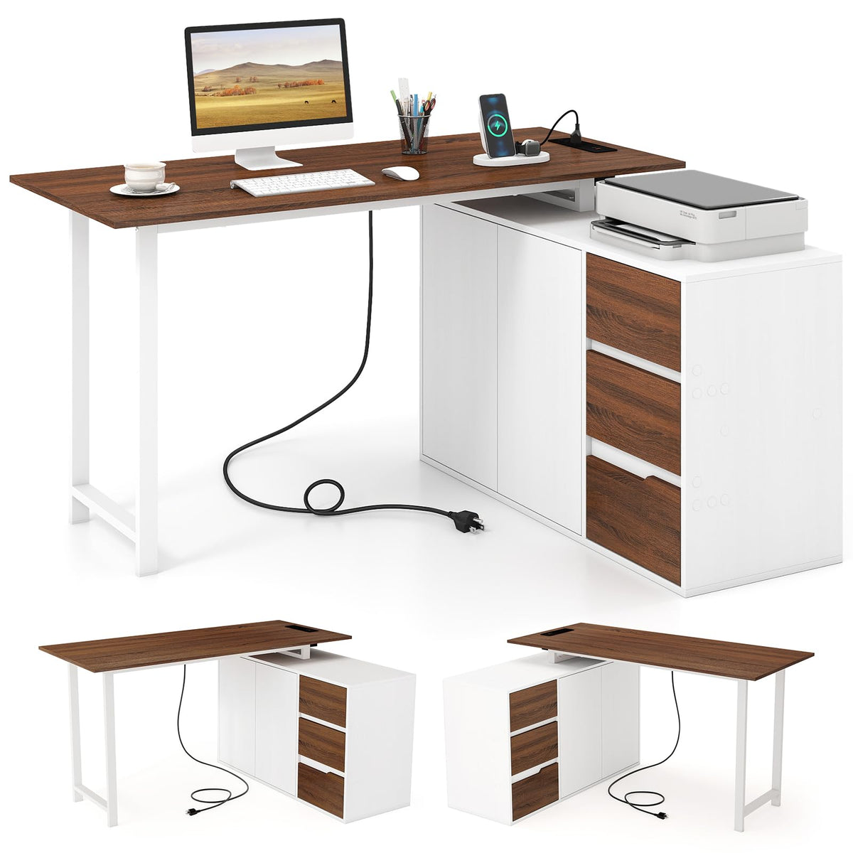 54.5” L Shaped Computer Desk with Power Outlet, Reversible Corner Desk with File Cabinet and 3 Drawers
