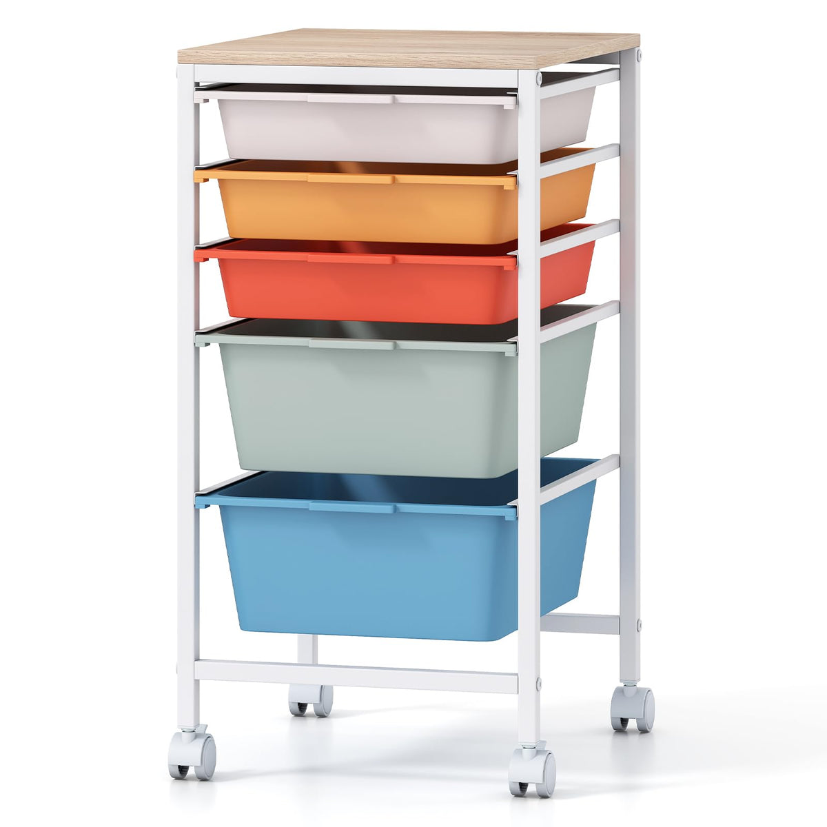 Goflame 5-Drawer Rolling Storage Cart Mobile Utility Organizer with Wooden Tabletop and Lockable Wheels