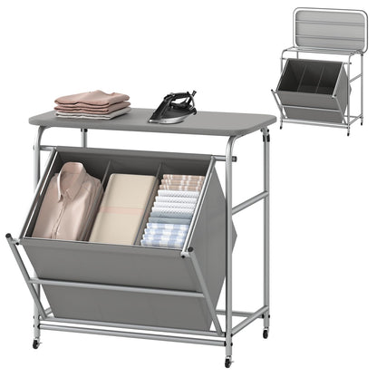 Goflame Laundry Sorter with Foldable Ironing Board 3 Section Tilt Out Laundry Hamper with Removable Bags