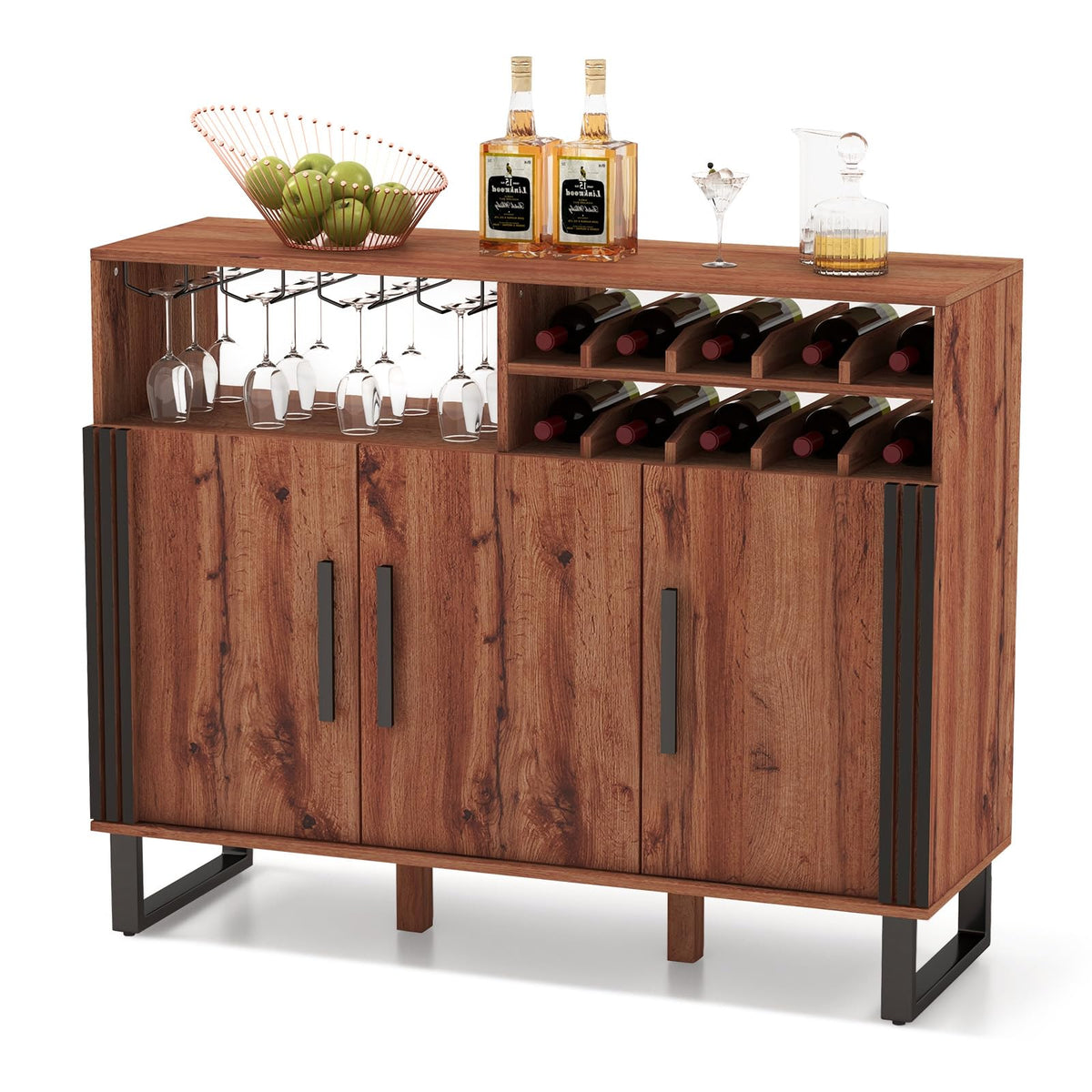 Goflame Wine Bar Cabinet, Buffet Sideboard with 3 Doors & Adjustable Shelves, Liquor Cabinet