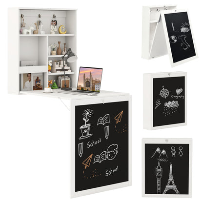Goflame Foldable Wall Mounted Desk with Storage Shelves Hooks & Chalkboard