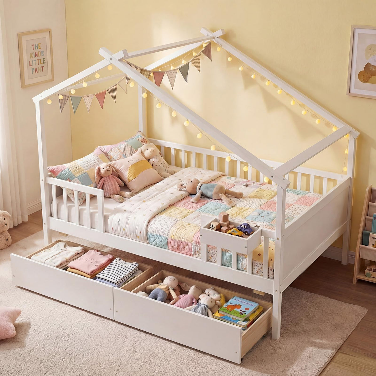 Goflame Full Size House Bed with Roof and Fence Rails for Kid