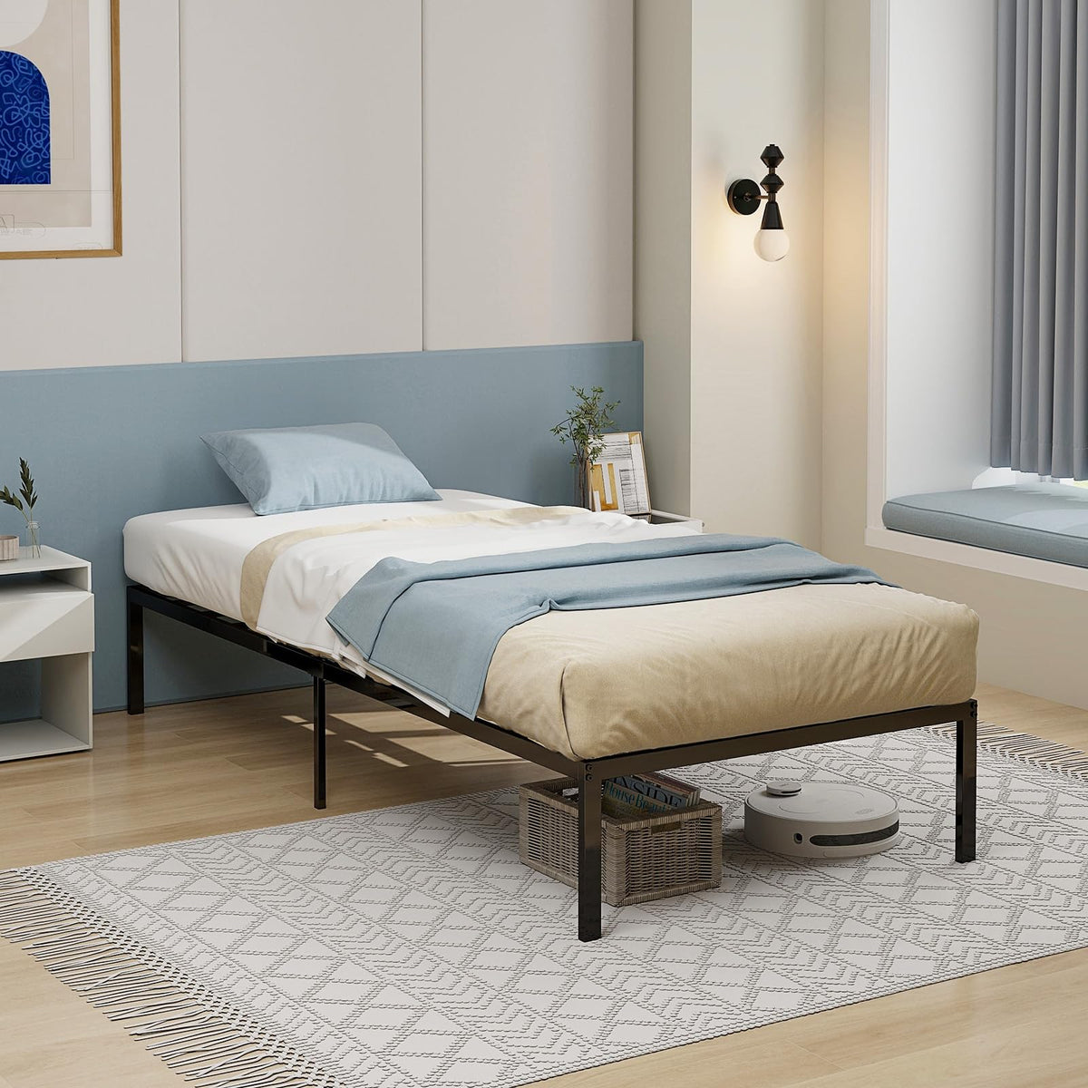 Goflame Twin Bed Frame, 14 Inch Metal Platform Bed with Under Bed Storage Space, Heavy-Duty Steel Slat Mattress Foundation