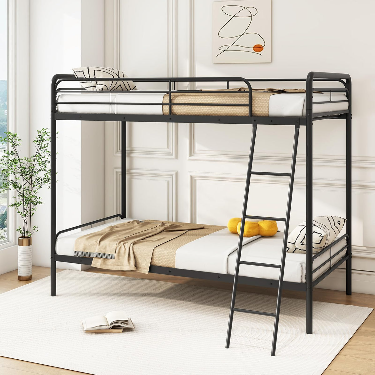 Goflame Metal Bunk Bed Twin Over Twin, Heavy Duty Twin Bunk Beds with Inclined Ladder & Safety Guardrails