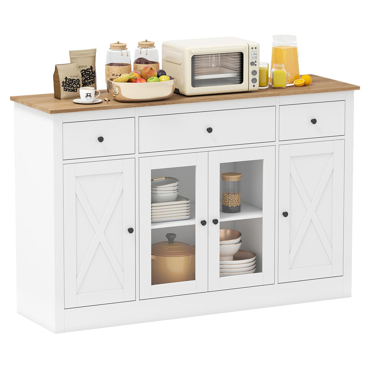 Goflame 55" Large Buffet Sideboard with 3 Drawers & 2 See-Through Doors