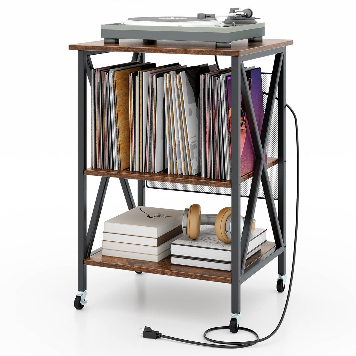 Goflame Record Player Stand with Charging Station, Turntable Stand with Record Storage & 4 Rolling Wheels