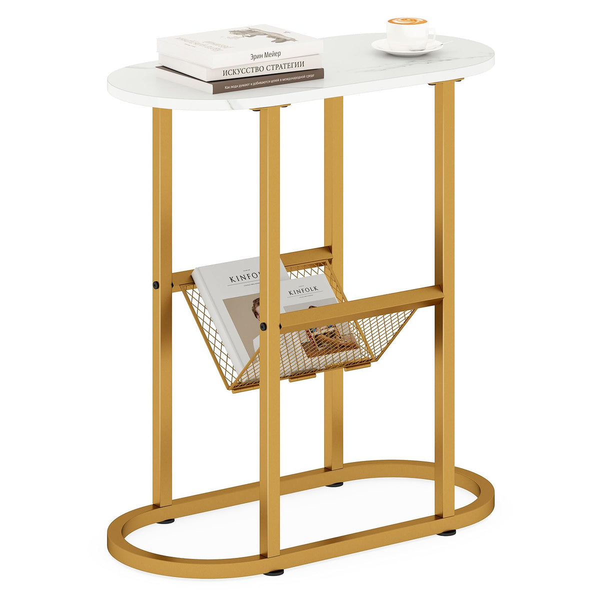 Goflame Oval Narrow Side Table, Small End Table with Magazine Rack Sling Holder Pouch