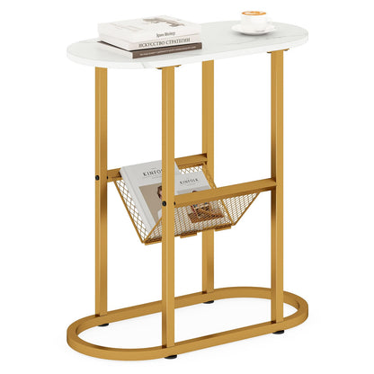 Goflame Oval Narrow Side Table, Small End Table with Magazine Rack Sling Holder Pouch