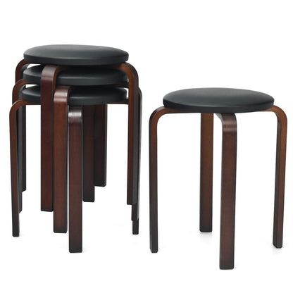 4-Pack Bentwood Stack Stools, 18.5-Inch Portable Stools with PU Leather Round Top, Non-Slip Foot Mats