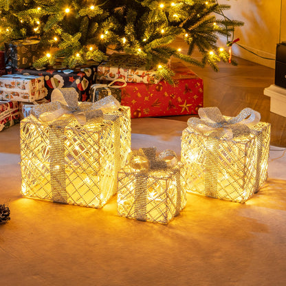 Goflame Set of 3 Christmas Lighted Gift Boxes, 90 LED Light up Present Boxes with Bows