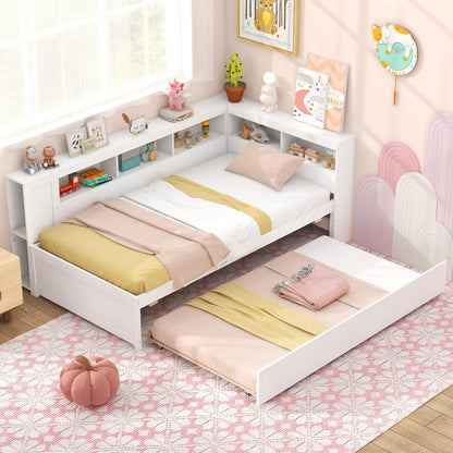 Goflame Twin Daybed with Trundle, Wood Twin Bed Frames with Storage Headboard, Reversible Bookcase