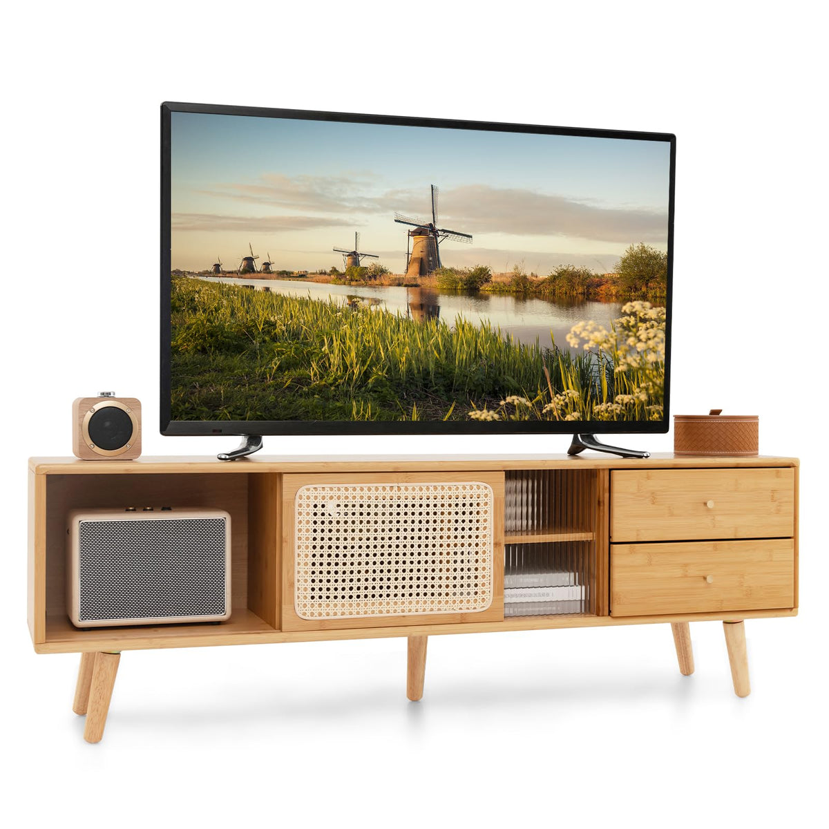 Goflame Bamboo TV Stand for 55 60 65 Inch TV, PE Rattan Entertainment Center with Sliding Doors