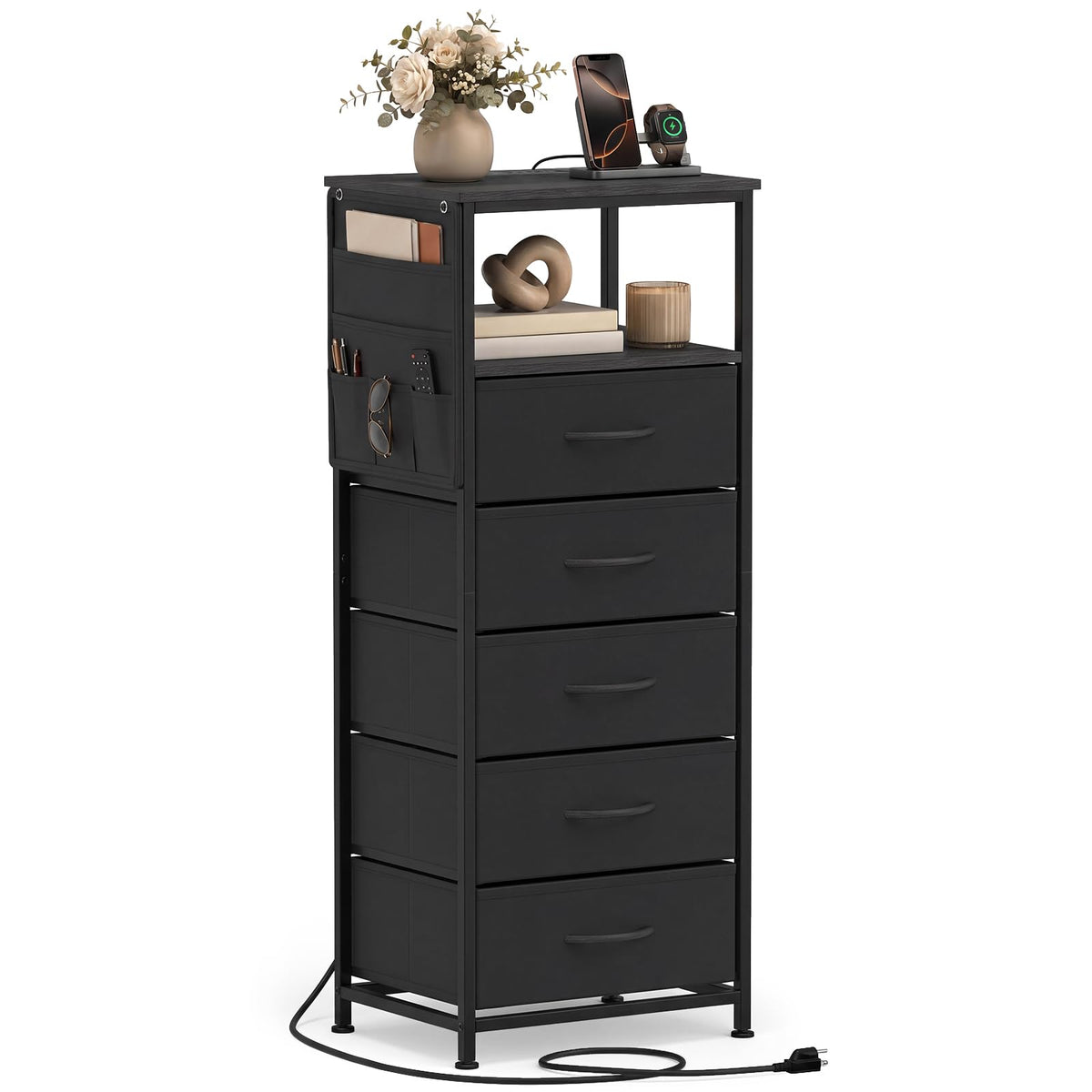 Goflame Modern 39" Bedside Table with Integrated Charging Station & 5 Fabric Drawers (1/2)