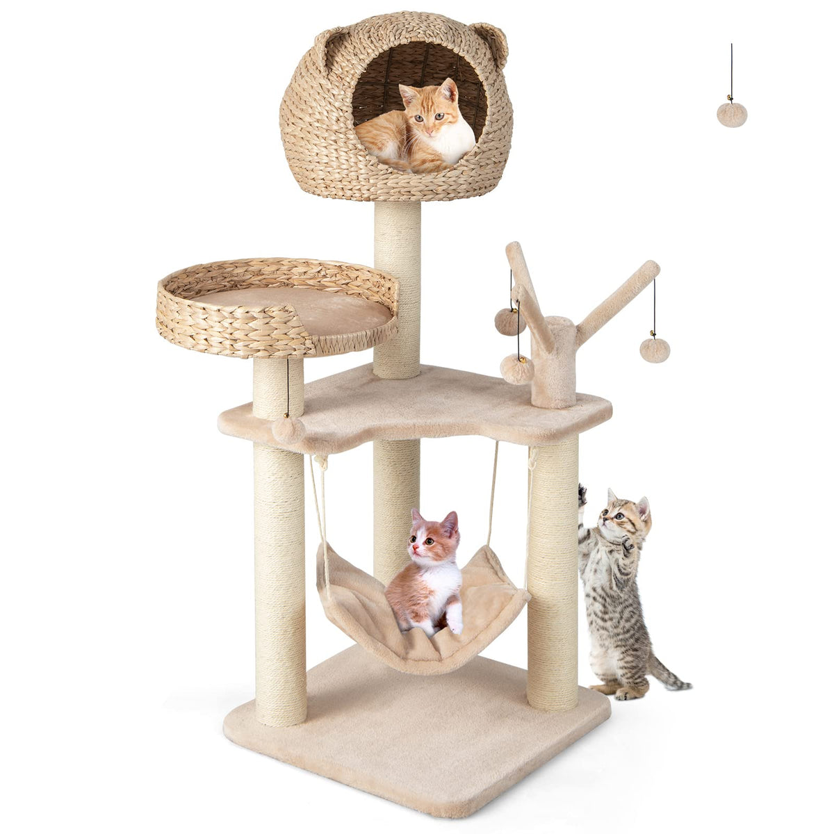 Goflame Wooden Cat Tree, 48 inches Cat Tower with Cattail Condo, Cat Bed, Hammock, Rotatable Jingling Balls