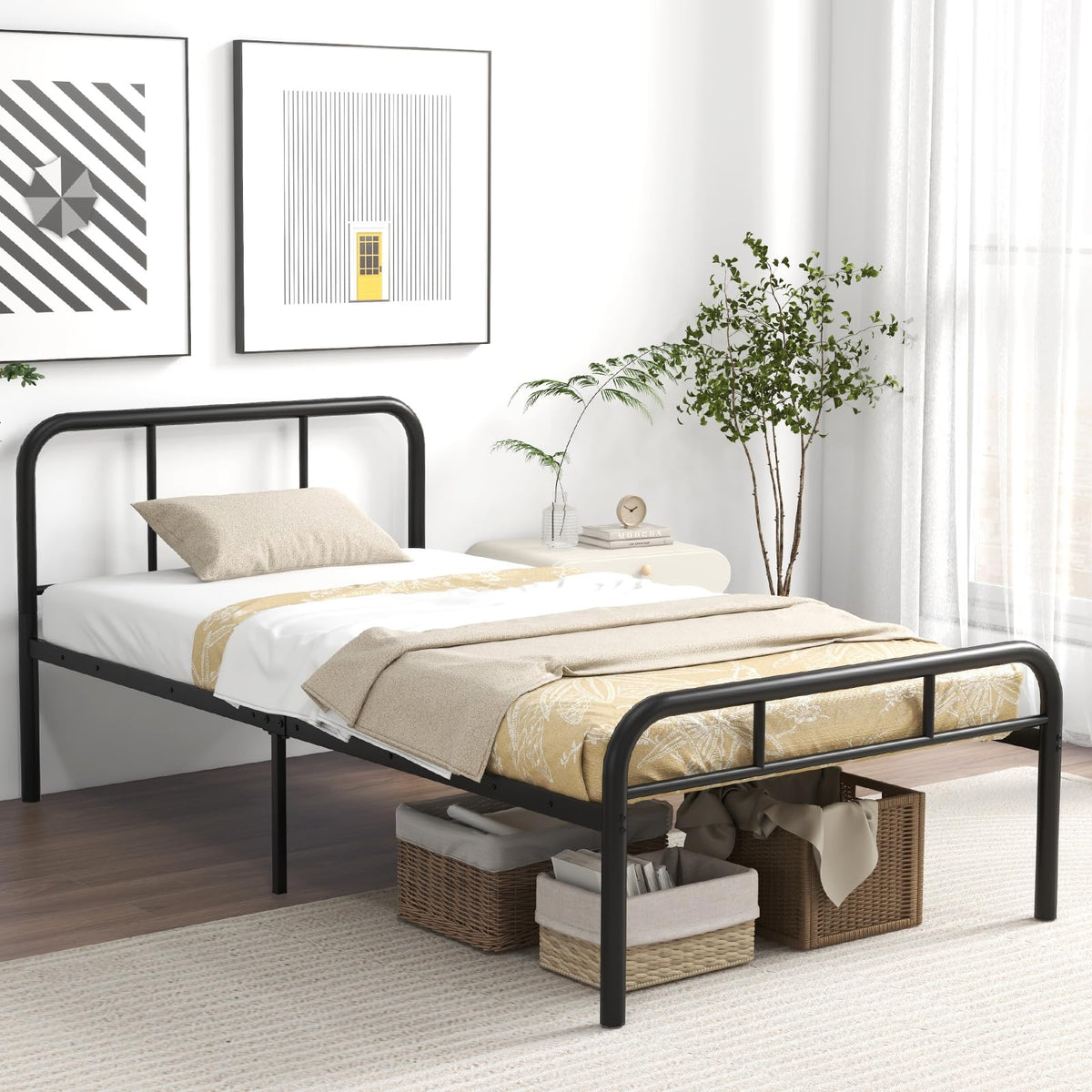 Goflame Twin Size Bed Frame, Modern Metal Platform Bed with Headboard and Footboard, Heavy Duty Steel Slat Support Mattress Foundation