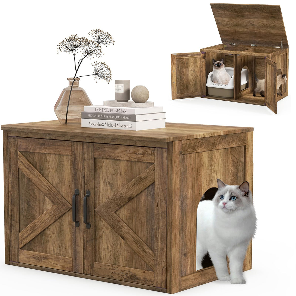 Goflame Cat Litter Box Enclosure - Flip Top Litter Box Hidden Furniture with Barn Door, Side Entrance