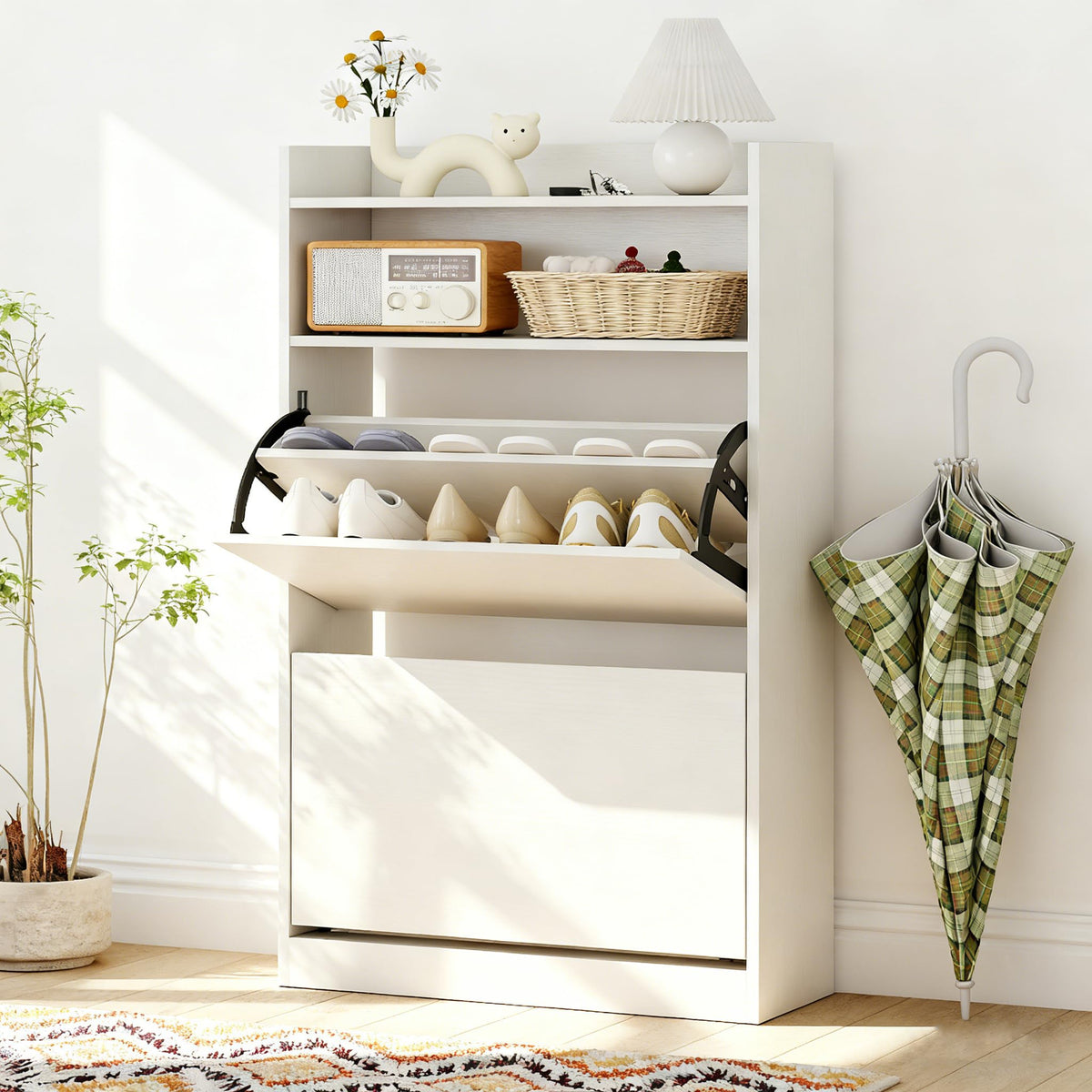 Goflame Shoe Cabinet with 2 Flip Drawers Freestanding Narrow Shoe Organizer Cabinet