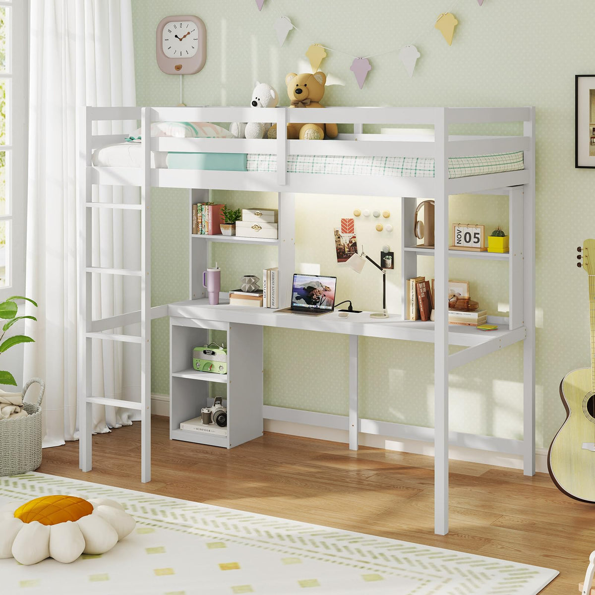 Goflame Twin Loft Bed with Desk and Hutch for Dorm Apartment