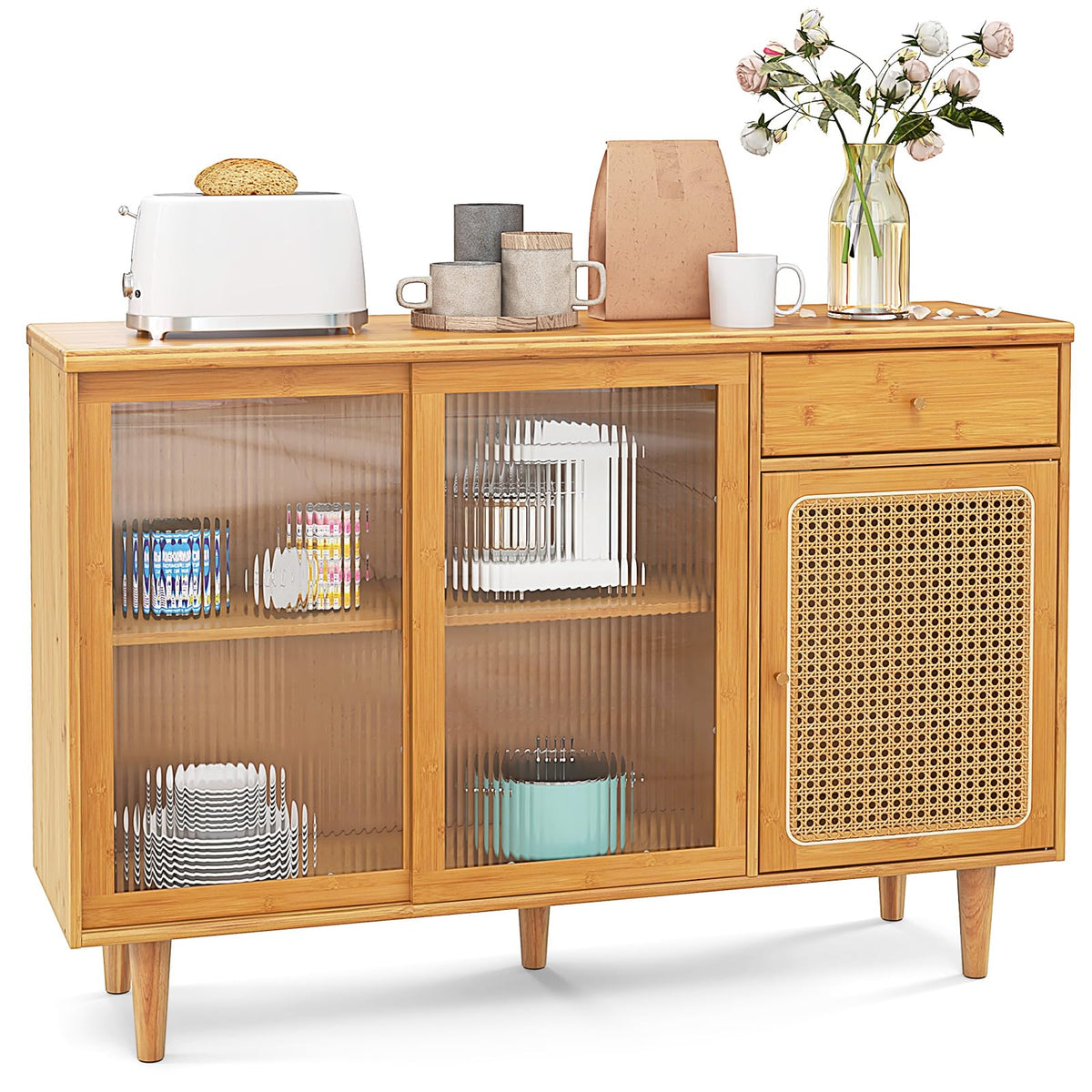 Goflame Sideboard, Bamboo Buffet Cabinet with Storage