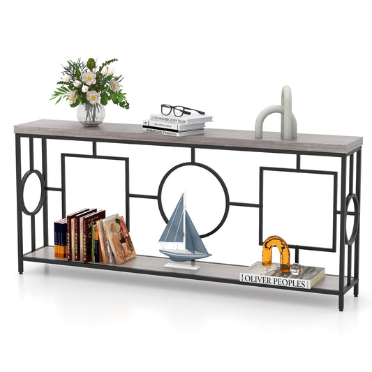 Goflame 71" Console Table, 2-Tier Extra-Long Entryway Table w/Storage Shelf, Faux Wood Top