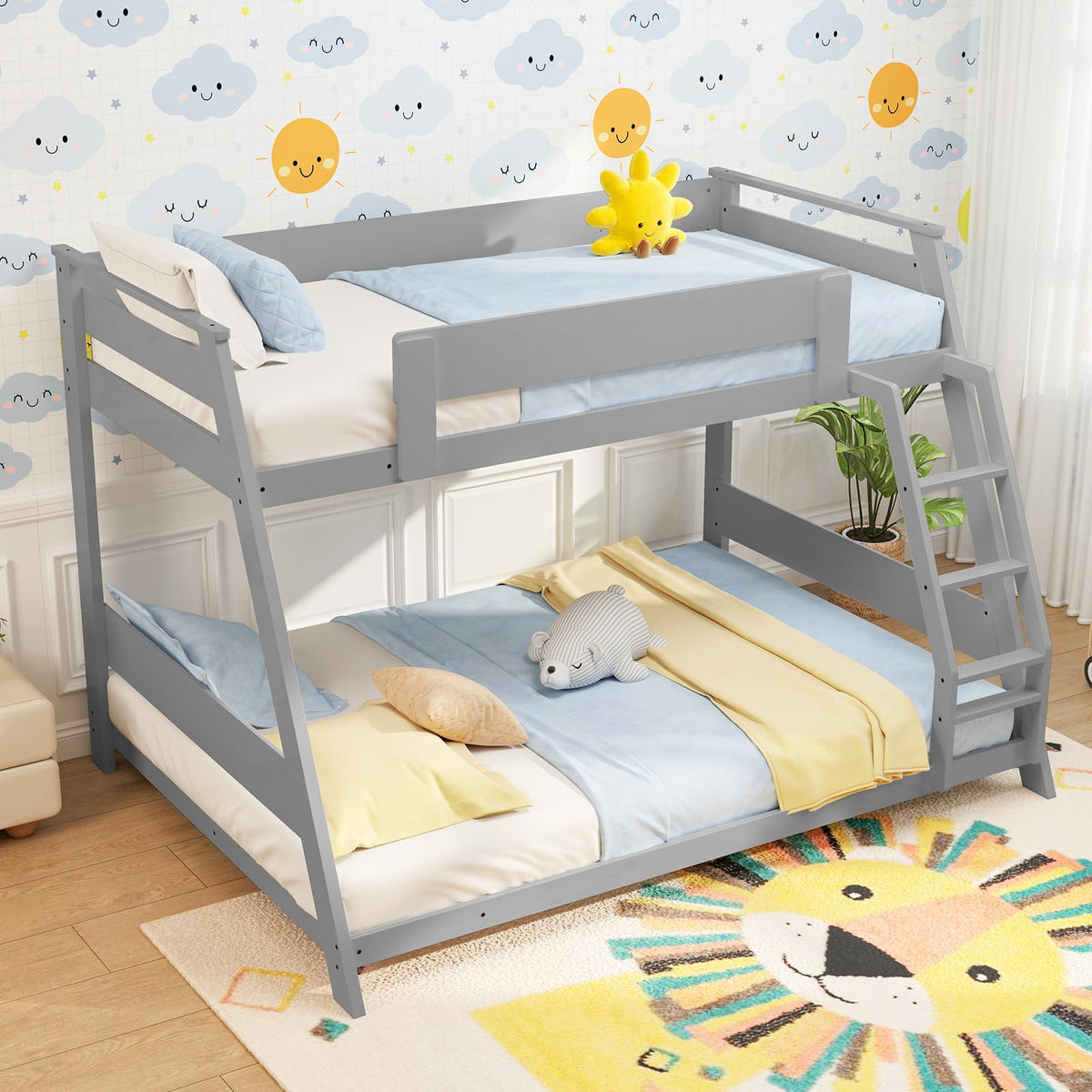 Goflame Wood Bunk Beds Twin Over Full Size, Solid Wood Floor Low Bunk Bed w/Removable Ladder