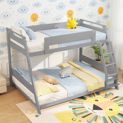 Goflame Wood Bunk Beds Twin Over Full Size, Solid Wood Floor Low Bunk Bed w/Removable Ladder
