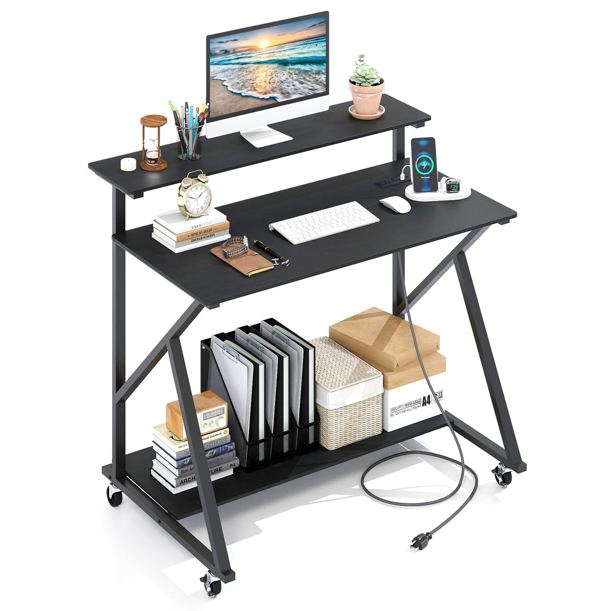 Goflame Rolling Computer Desk with Charging Station