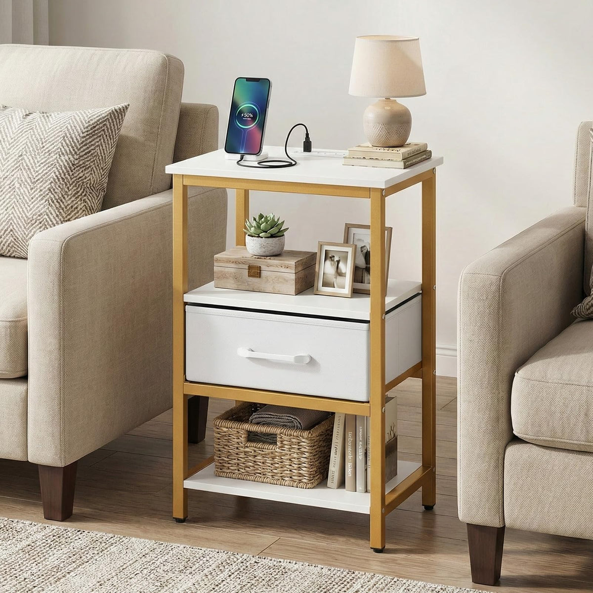 Goflame Nightstand with Charging Station and Adjustable Fabric Drawer for Bedroom and Living Room