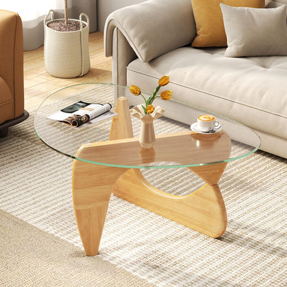 Goflame Triangle Glass Coffee Table, Solid Wood Tea Table with Tempered Glass Top & Adjustable Base