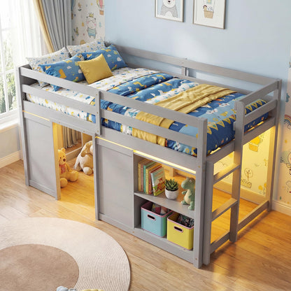 Goflame Wooden Low Kids Loft Bed with LED Lights and 2 Doors