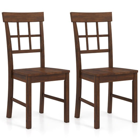 Goflame Two wooden chairs with a grid back design on a white background