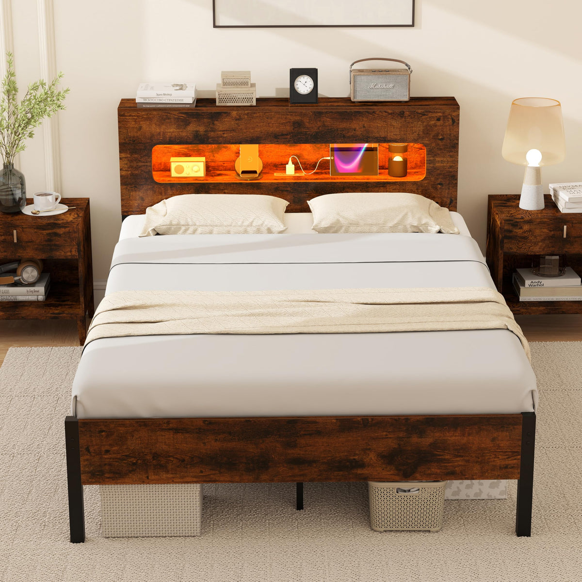 Goflame Full Size Bed Frame with LED Lights & Charging Station