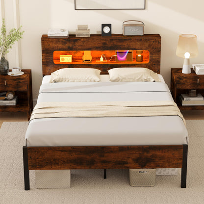 Goflame Full Size Bed Frame with LED Lights & Charging Station