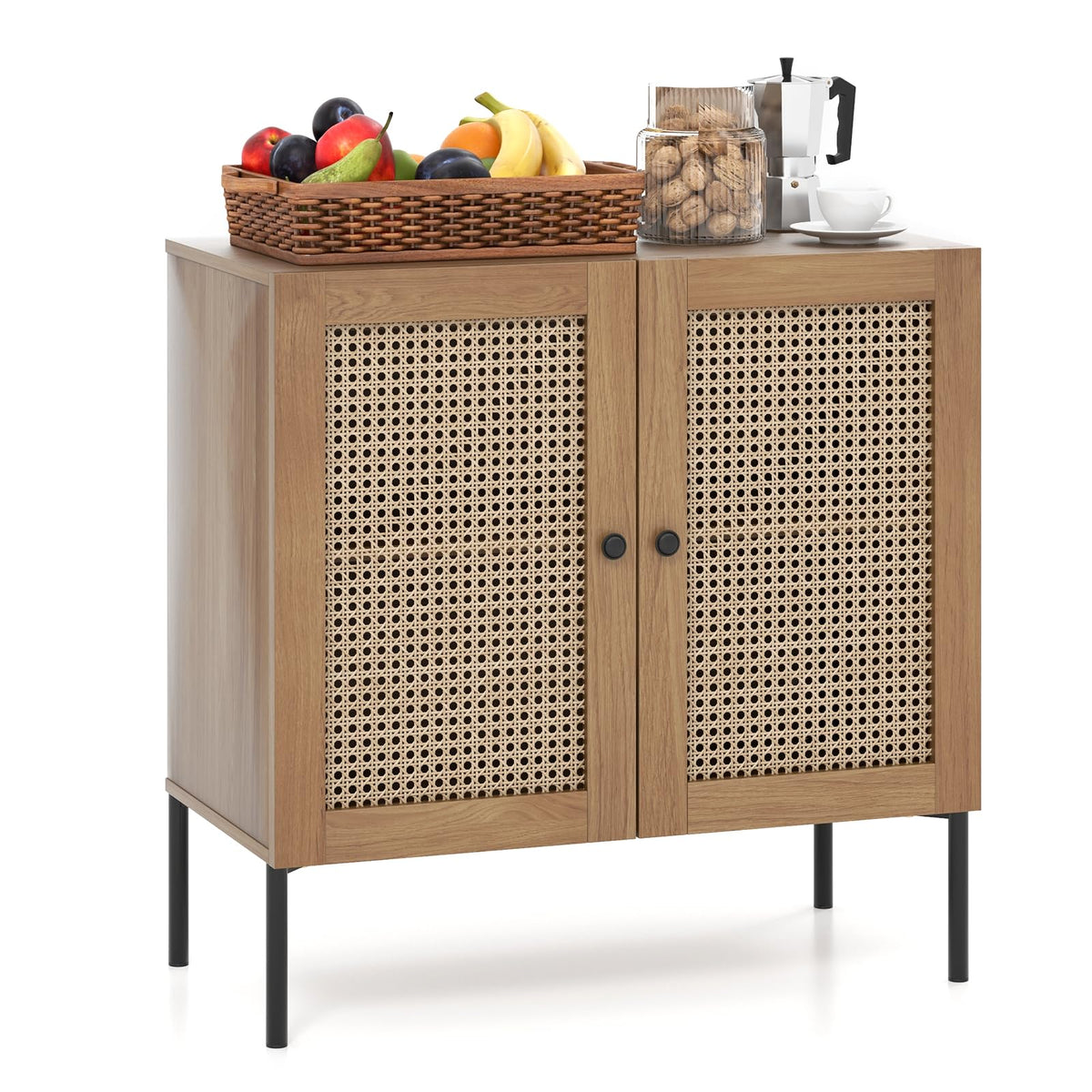 Goflame Buffet Cabinet, Wood Sideboard Storage Cabinet with Rattan Door, 3-Position Adjustable Shelf