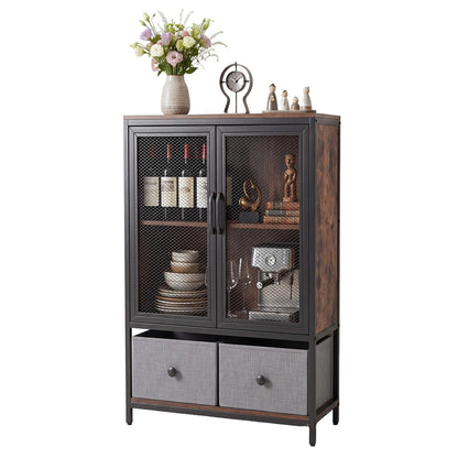 Goflame Industrial Coffee Bar Cabinet with Adjustable Shelves & 2 Removable Cloth Drawers
