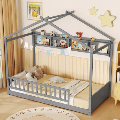 Goflame Twin Floor House Bed with Storage Shelf, Wood Twin Bed Frames with Headboard & Guardrail