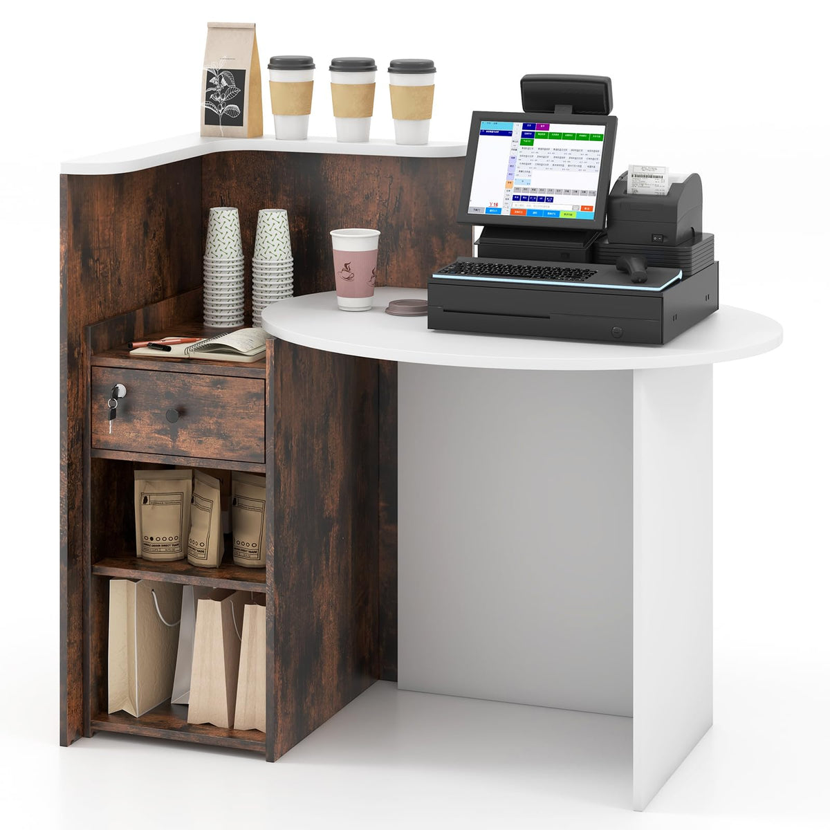 Goflame Reception Desk, Front Counter Desk with Lockable Drawer, Checkout Table with Round Tabletop