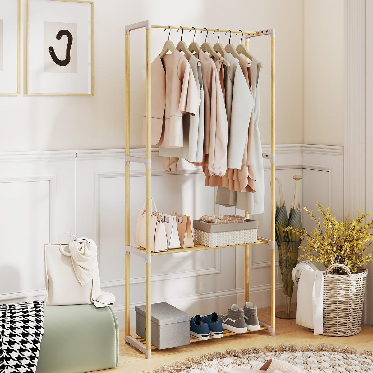 Goflame Pine Wood Clothes Rack with 2-Tier Open Storage Shelf for Hanging Clothes