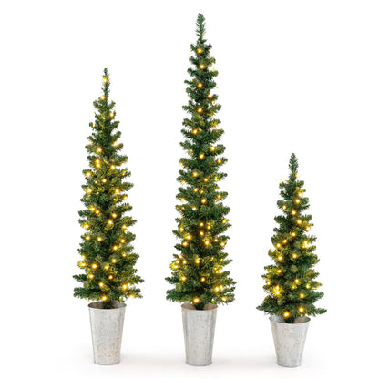 Goflame 3' 4' 5' Pre-Lit Artificial Christmas Tree Set of 3, Slim Pencil Potted Xmas Tree with 423 Branch Tips, 230 Warm White LED Lights