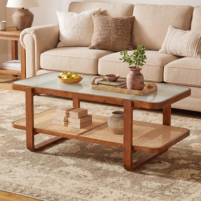 Goflame Rattan Coffee Table | 41.5" Farmhouse Center Table with Storage & Frosted Tempered Glass