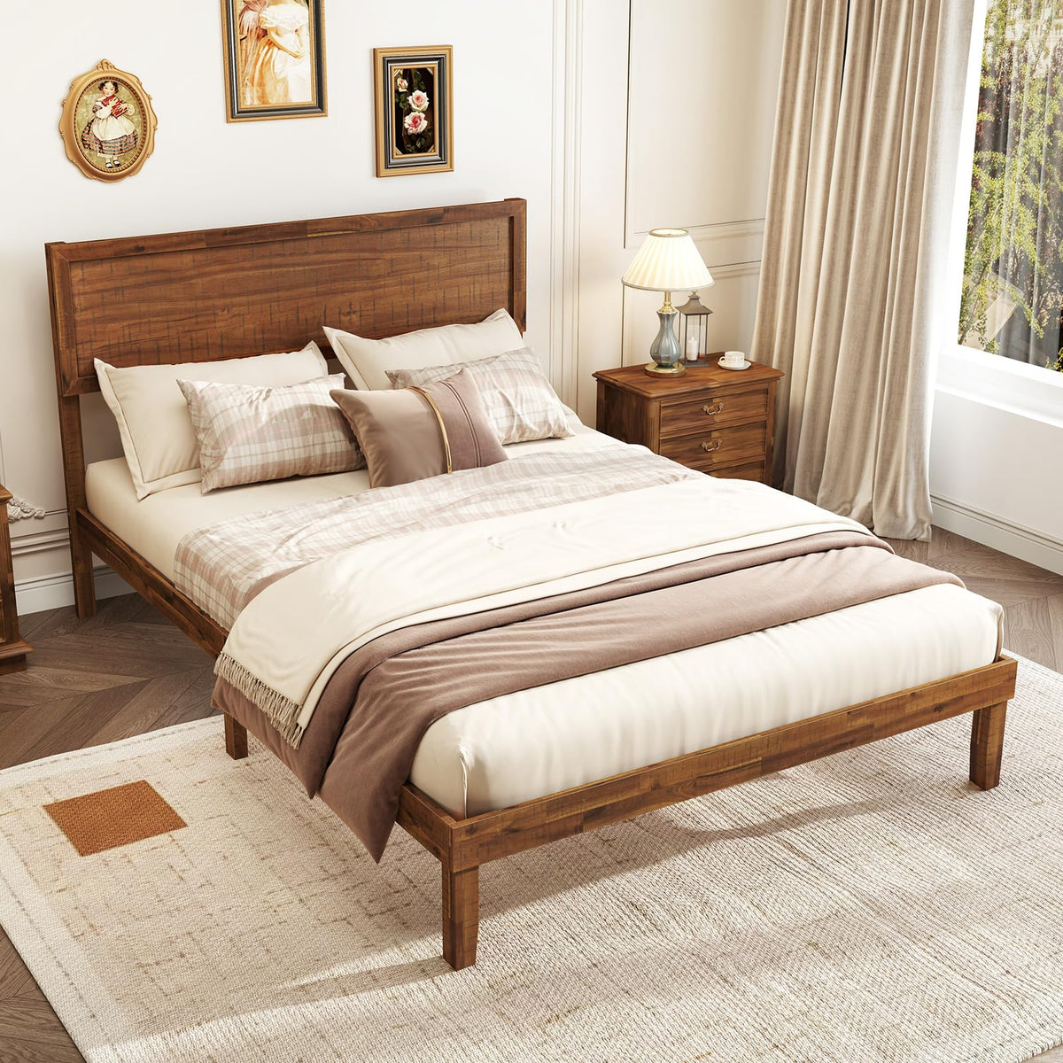 Goflame Wood Bed Frames with Headboard, Mid Century Modern Platform Bed