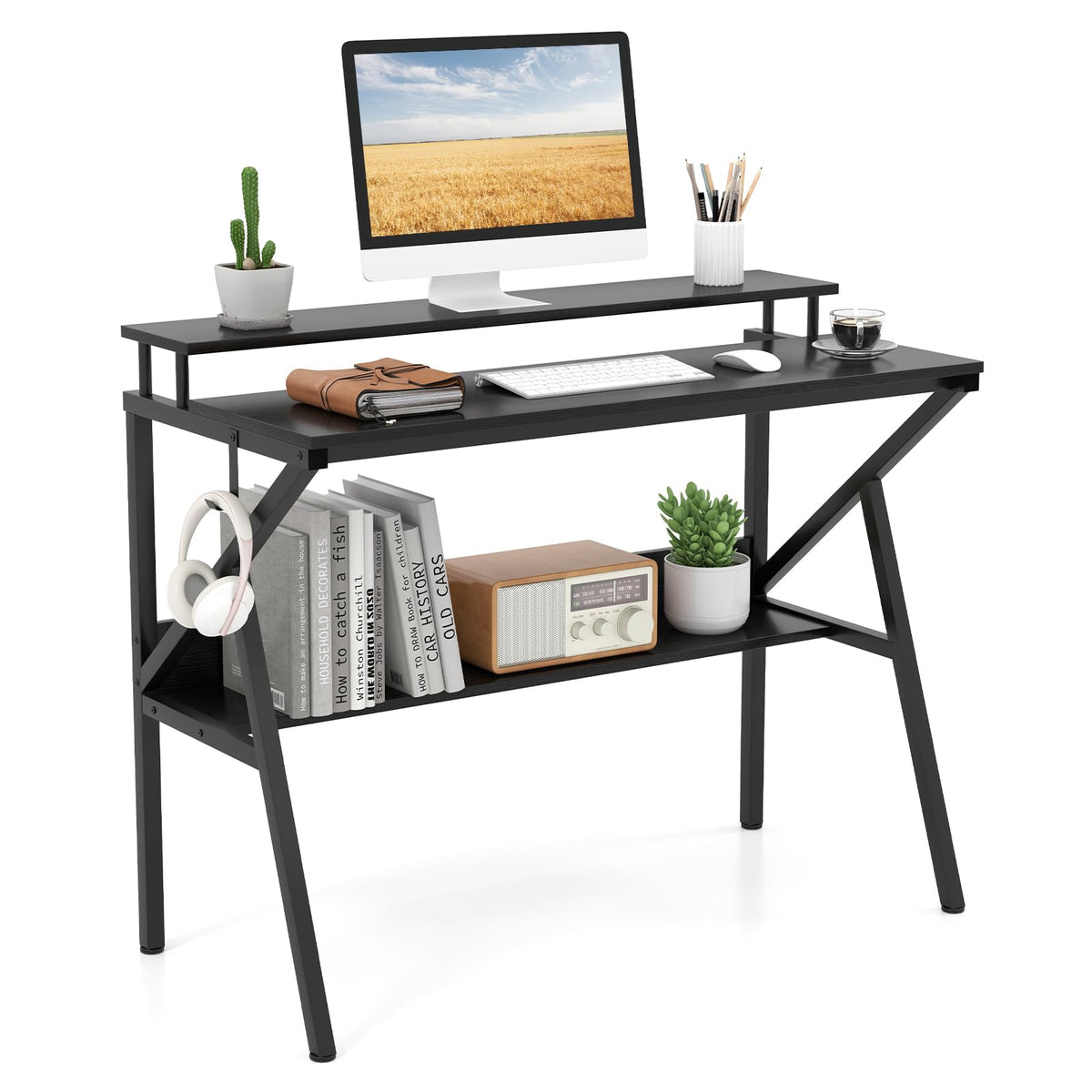 Goflame Space Saving Computer Desk with Monitor Stand and Extra Storage Shelf for Work Study