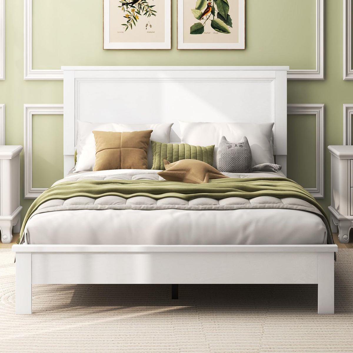 Queen/Full/Twin Size Platform Bed w/ Rubber Wood Legs & Integrated Headboard | Wooden Bed Frame