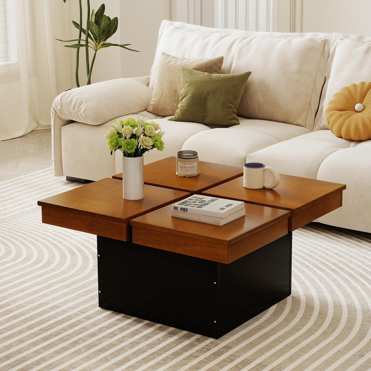 Goflame Square Coffee Table | 31.5 Inch Mid Century Modern Center Table with Solid Wood Veneered Split Top