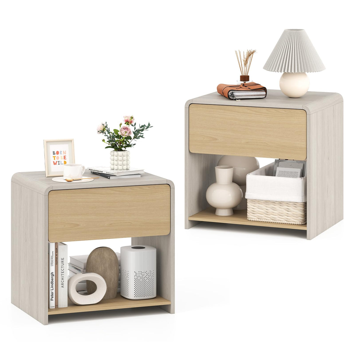 Goflame Modern Nightstand with Drawer Set of 1/2 Storage Open Shelf